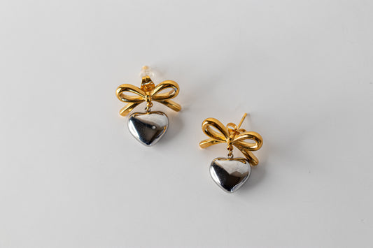 Two Tone Heart Pendant Bow Earrings